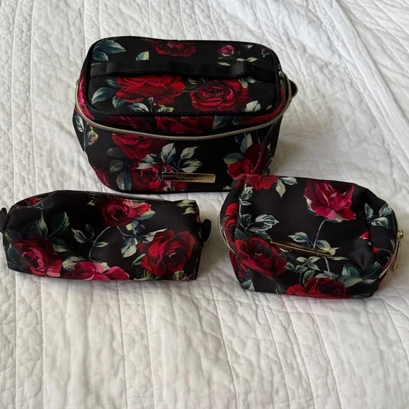 Floral Black and Red Cosmetic Bag Set - Picture 1 of 9